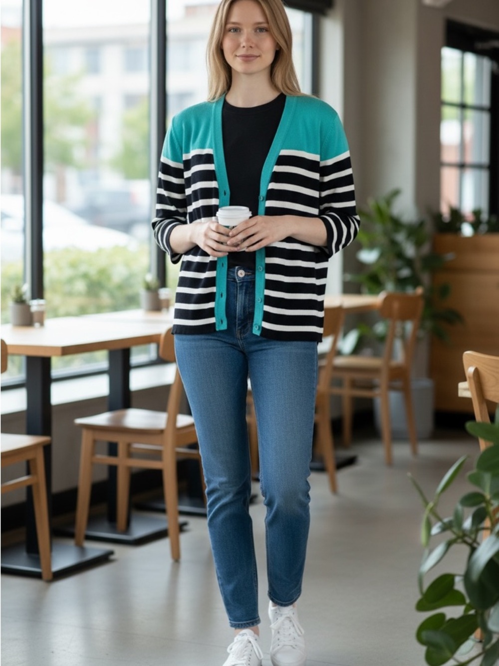 Cynthia Rowley Teal Black White Striped Cardigan